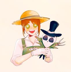 Rule 34 | 1girl, :d, brown hair, button eyes, buttons, character doll, doll, emma woods, freckles, gloves, green eyes, gremlintot, hat, holding, holding doll, identity v, jack (identity v), looking at viewer, open mouth, smile, solo, straw hat, white background, white gloves