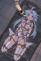 Rule 34 | 1girl, absurdres, arms behind back, asphyxiation, bdsm, blue hair, blush, bondage, bound, bound arms, bound legs, breasts, breathing tube, breathplay, commission, dated, egg vibrator, elbow gloves, full body, gloves, highres, leotard, medium hair, neptune (series), nero augustus, nipple stimulation, red eyes, restrained, rope, sex toy, shibari, shibari over clothes, short hair with long locks, small breasts, solo, thighhighs, vacuum bed, vibrator, vibrator on nipple, white gloves, white heart (neptunia), white leotard, white thighhighs
