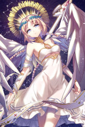 Rule 34 | 1girl, aqua eyes, blonde hair, bloodline, blue eyes, boots, braid, breasts, cleavage, dress, gloves, halo, iotower, jewelry, lance, looking at viewer, polearm, skirt, solo, weapon, white skirt, white wings, wings