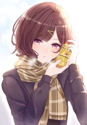Rule 34 | 1girl, black jacket, blush, bottle, bottle to cheek, brown hair, brown scarf, commentary request, hair ornament, hairclip, highres, higuchi madoka, holding, holding bottle, idolmaster, idolmaster shiny colors, jacket, long sleeves, looking at viewer, mole, mole under eye, open clothes, open jacket, parted lips, purple eyes, scarf, shimashi (mori no sato), short hair, simple background, solo, swept bangs, upper body, white background