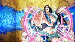 Rule 34 | 1girl, angry, black hair, boa hancock, breasts, cleavage, female focus, large breasts, long hair, looking at viewer, navel, one piece, solo, standing, tagme