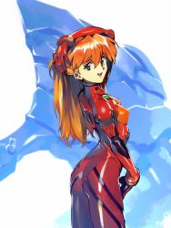 Rule 34 | 1girl, :d, arm up, ass, blue eyes, bodysuit, breasts, cowboy shot, curvy, eva 02, hair between eyes, hair ornament, hand in own hair, interface headset, long hair, looking at viewer, mecha, medium breasts, neon genesis evangelion, open mouth, optionaltypo, orange hair, pilot suit, plugsuit, red bodysuit, robot, shiny clothes, skin tight, small breasts, smile, solo, souryuu asuka langley, two side up