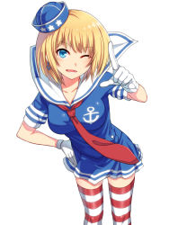 Rule 34 | 1girl, anchor earrings, anchor symbol, blonde hair, blue eyes, blush, breasts, earrings, gloves, hand on own hip, hat, highres, horosuke, jewelry, looking at viewer, miniskirt, necktie, one eye closed, original, red necktie, sailor collar, short hair, short sleeves, simple background, skirt, solo, striped clothes, striped thighhighs, thighhighs, white background, white gloves, wink