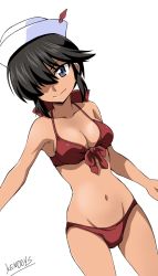 Rule 34 | 1girl, bikini, black eyes, black hair, bow, breasts, cleavage, closed mouth, commentary, cowboy shot, dark-skinned female, dark skin, dixie cup hat, dutch angle, front-tie bikini top, front-tie top, girls und panzer, groin, hair bow, hair over one eye, hat, hat feather, highres, long hair, looking at viewer, medium breasts, military hat, navel, ogin (girls und panzer), one-hour drawing challenge, ponytail, ponzu rui, red bikini, red bow, simple background, smile, solo, standing, swimsuit, twitter username, white background, white hat
