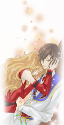 Rule 34 | 00s, 1boy, 1girl, bad id, bad pixiv id, bare shoulders, black hair, brother and sister, brown hair, code geass, colored eyelashes, death, detached sleeves, dress, closed eyes, hand on another&#039;s face, highres, lelouch vi britannia, light particles, long hair, nunnally vi britannia, red dress, short hair, siblings, spoilers, tears, tobidori