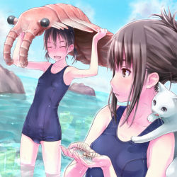 Rule 34 | 2girls, :d, ^ ^, animal, anomalocaris, beach, blush, breasts, brown eyes, brown hair, carrying, cat, closed eyes, collarbone, coral, day, grey eyes, hallucigenia, holding, horizon, multiple girls, ocean, one-piece swimsuit, open mouth, original, outdoors, prehistoric animal, rock, school swimsuit, shimano natsume, short hair, sky, small breasts, smile, standing, swimsuit, tongue, twintails, wading, water, wet, white cat