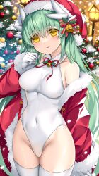 Rule 34 | 1girl, bare shoulders, blush, christmas, christmas tree, coat, covered navel, dragon girl, dragon horns, fate/grand order, fate (series), gloves, green hair, hat, highleg, highleg leotard, highres, horns, kiyohime (fate), leotard, long hair, long sleeves, looking at viewer, morizono shiki, off shoulder, outdoors, parted lips, red coat, red hat, santa hat, smile, solo, thighhighs, thighs, white gloves, white leotard, white thighhighs, yellow eyes