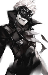 Rule 34 | 1boy, blazpu, greyscale, grin, high collar, highres, looking at viewer, male focus, mask, monochrome, persona, persona 5, sakamoto ryuuji, short hair, skull mask, smile, solo, upper body