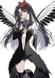 Rule 34 | akemi homura, akuma homura, black dress, black gloves, black wings, bow, commission, dress, facing viewer, feathered wings, finger to mouth, gloves, head tilt, highres, looking at viewer, mahou shoujo madoka magica, mahou shoujo madoka magica: hangyaku no monogatari, misteor, red bow, simple background, skeb commission, smile, solo, star (sky), tagme, white background, wings