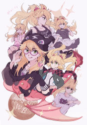 Rule 34 | 1girl, alternate costume, black thighhighs, blonde hair, blush, bow, burn the witch, capelet, creature, dress, eating, floating hair, glasses, green eyes, hair ornament, hairclip, hara hikaru, hood, hoodie, jacket, long hair, maid, marshall (burn the witch), multiple views, ninny spangcole, one eye closed, shirt, short shorts, shorts, skirt, smile, thighhighs, thighs, twintails, uniform, white shirt