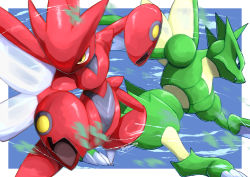 Rule 34 | black eyes, closed mouth, commentary request, creatures (company), fang, fang out, game freak, gen 1 pokemon, gen 2 pokemon, highres, looking down, nintendo, no humans, pokemon, pokemon (creature), scizor, scyther, signature, tanpakuroom, yellow eyes