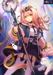Rule 34 | 1girl, animal ears, arknights, artist name, black hairband, black skirt, blue jacket, cat, cat ears, cat girl, cat tail, dated, feet out of frame, floppy ears, garter straps, goldenglow (arknights), hairband, highres, holding, holding staff, id card, jacket, lanyard, lightning bolt print, long hair, long sleeves, looking at viewer, mole hm, multicolored clothes, multicolored jacket, open mouth, orange eyes, pink jacket, print hairband, scissors, shirt, skirt, solo, staff, tail, thighhighs, two-tone jacket, white shirt, white thighhighs, zettai ryouiki