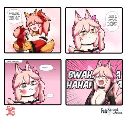 Rule 34 | ..., 4girls, 4koma, animal ear fluff, animal ears, animal hands, artist logo, bell, black bodysuit, black choker, blush, bodysuit, breasts, cat paws, center opening, choker, cleavage, closed eyes, closed mouth, collar, comic, commentary, copyright name, english commentary, english text, facing another, fang, fangs, fate/grand order, fate (series), fox ears, fox girl, fox tail, glasses, gloves, grey pants, hair between eyes, hair ribbon, highres, japanese clothes, jingle bell, keita naruzawa, kimono, koyanskaya (assassin) (first ascension) (fate), koyanskaya (fate), large breasts, long sleeves, makeup, multiple girls, neck bell, open mouth, orange tail, pants, paw gloves, pink hair, pink kimono, pink ribbon, ponytail, red collar, red kimono, red ribbon, red shirt, ribbon, shirt, side ponytail, sidelocks, smile, spoken ellipsis, square 4koma, tail, tamamo (fate), tamamo cat (fate), tearing up, thought bubble