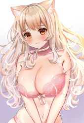 Rule 34 | 1girl, animal ears, blonde hair, blush, bow, bow bra, bra, breasts, brown eyes, cat ears, choker, cleavage, commentary request, gradient background, katsushika pachi, lace, lace-trimmed bra, lace trim, large breasts, long hair, looking at viewer, navel, original, panties, pink bra, pink panties, purple background, ribbon choker, solo, underwear, underwear only, white background