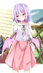 Rule 34 | 1girl, alternate costume, bag, bat wings, blouse, blush, bush, closed mouth, contemporary, cowboy shot, dating, highres, looking to the side, neck ribbon, outdoors, pink skirt, pointy ears, purple hair, red eyes, remilia scarlet, ribbon, sabana, shirt, short hair, short sleeves, shoulder bag, skirt, solo, standing, touhou, wall, white bag, white shirt, wings