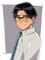 Rule 34 | 1boy, animification, apex legends, black eyes, black hair, blue necktie, blush, collared shirt, crypto (apex legends), from side, glasses, highres, husagin, looking at viewer, male focus, necktie, parted hair, shirt, smile, solo, upper body, white shirt