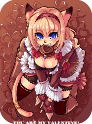 Rule 34 | 00s, 1girl, animal ears, blue eyes, brown background, brown theme, candy, cat ears, cat girl, cat tail, chocolate, chocolate heart, final fantasy, final fantasy xi, fingerless gloves, food, gloves, hairband, hazuki gean, heart, mithra (ff11), mouth hold, orange hair, red hair, solo, tail, thighhighs, valentine
