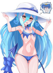 Rule 34 | 1girl, bikini, blue bikini, blue bow, blue bowtie, blue hair, blush, bombergirl, bow, bowtie, brown eyes, chibi, chibi inset, commentary request, cowboy shot, demon tail, flat chest, gluteal fold, hair between eyes, hat, heart, highres, holding, holding clothes, holding hat, lewisia aquablue, long bangs, long hair, looking at viewer, navel, open mouth, pointy ears, ribs, shiro beer, simple background, smile, solo, sun hat, swimsuit, tail, very long hair, white background, white hat