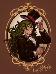 Rule 34 | 10s, 1boy, ;), alcohol, ballooncar, beetle, bow, bowtie, bug, butterfly, champagne, champagne flute, cup, danganronpa (series), dark skin, dark-skinned male, dated, drinking glass, glasses, gokuhara gonta, green hair, grin, happy birthday, hat, highres, bug, jacket, jewelry, long hair, looking at viewer, male focus, monarch butterfly, danganronpa v3: killing harmony, one eye closed, profile, red eyes, round eyewear, smile, solo, top hat, tuxedo