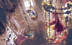 Rule 34 | 1girl, bird, birdcage, blue butterfly, brown hair, bug, butterfly, cage, day, drawing (object), dress, eri (difference), indoors, insect, kneeling, long hair, orange butterfly, original, plant, red dress, red eyes, vines, window