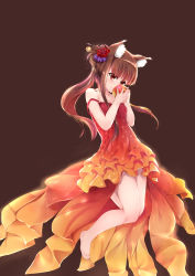 Rule 34 | 1girl, absurdres, animal ears, apple, bare legs, barefoot, black background, brown hair, c (pixiv3064042), commentary request, dress, floating, floating hair, flower, food, fruit, hair flower, hair ornament, highres, holding, holding food, holding fruit, holo, kanzashi, legs, long hair, red dress, red eyes, simple background, solo, spice and wolf, strap slip, wolf ears