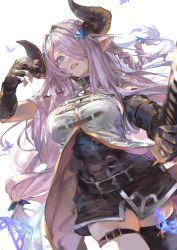 Rule 34 | 1girl, asymmetrical gloves, bare shoulders, belt, black dress, black gloves, black thighhighs, blue eyes, braid, breasts, bug, butterfly, draph, dress, elbow gloves, fingerless gloves, gloves, granblue fantasy, hair ornament, hair over one eye, highres, horns, insect, katana, kiriyama, large breasts, light purple hair, long hair, looking at viewer, low tied hair, narmaya (granblue fantasy), parted lips, pointy ears, short dress, simple background, single braid, single thighhigh, sleeveless, solo, sword, thigh strap, thighhighs, uneven gloves, vest, weapon, white background, white vest