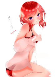 Rule 34 | 1girl, absurdres, artist name, artist request, bare legs, bare shoulders, black bra, blush, bra, breasts, cleavage, collarbone, commentary request, embarrassed, female focus, hair between eyes, heart, highres, looking at viewer, love live!, love live! school idol project, medium breasts, nishikino maki, parted lips, purple eyes, red bra, red hair, robe, short hair, sideboob, smile, solo, translated, translation request, underwear, white background, white robe