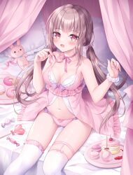 Rule 34 | 1girl, :d, babydoll, bare arms, bare shoulders, bead bracelet, beads, bed, blush, bow, bow panties, bracelet, breasts, brown hair, candy, canopy bed, cleavage, commentary request, curtains, doughnut, food, frilled panties, frilled pillow, frilled thighhighs, frills, hair bow, heart, heart-shaped lollipop, highres, indoors, jewelry, kohinata hoshimi, lollipop, long hair, low twintails, macaron, medium breasts, navel, on bed, open mouth, original, panties, pillow, pink bow, pink panties, plate, red eyes, revision, shaped lollipop, sitting, smile, solo, stuffed animal, stuffed rabbit, stuffed toy, thighhighs, twintails, underwear, underwear only, very long hair, white thighhighs