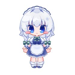 Rule 34 | 1girl, apron, blue dress, blue eyes, blue footwear, blush stickers, bow, bowtie, braid, chibi, closed mouth, dress, expressionless, frilled dress, frilled sleeves, frilled wrist cuffs, frills, green bow, green bowtie, grey hair, highres, inukkomaru, izayoi sakuya, looking at viewer, maid, maid apron, maid headdress, puffy short sleeves, puffy sleeves, short sleeves, simple background, socks, solo, standing, touhou, twin braids, white apron, white background, white sleeves, white socks, wrist cuffs