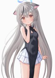 Rule 34 | 1girl, absurdres, alternate hairstyle, animal ears, black dress, blue archive, blush, breasts, china dress, chinese clothes, covered navel, dress, grey hair, highres, kokona (blue archive), looking at viewer, mikeran5648, red eyes, short hair, simple background, sleeveless, sleeveless dress, small breasts, solo, standing, tiger girl, white background
