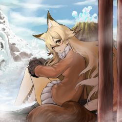 Rule 34 | 0z (wing02c), 10s, 1girl, animal ears, blonde hair, blue sky, bow, bowtie, cloud, coat, day, ezo red fox (kemono friends), fox ears, fox girl, fox tail, from side, gloves, gradient hair, highres, kemono friends, long hair, long sleeves, looking at viewer, mountain, multicolored hair, onsen, pantyhose, pleated skirt, sandstar, sitting, skirt, sky, solo, steam, tail, two-tone hair, very long hair, water, waterfall, white bow, white skirt