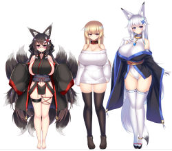Rule 34 | 3girls, :o, animal ears, bare shoulders, black footwear, black hair, blonde hair, blue eyes, blush, boots, breasts, brown footwear, detached sleeves, dress, fox ears, fox girl, fox tail, hair ornament, highres, huge breasts, japanese clothes, kubiwa (kutan), kutan, kutan-chan, mizuki (kutan), multiple girls, multiple tails, original, red eyes, shoes, smile, sweater, sweater dress, tail, toes, white background, white hair, white sweater