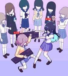 Rule 34 | 6+girls, aqua hair, arm at side, black hair, black serafuku, black skirt, black suit, blocking, blue hair, blue neckerchief, blue sailor collar, blue skirt, blunt bangs, bob cut, brown footwear, brown hair, cellphone, chibikki, colored inner hair, commentary, duel, english commentary, faceless, fighting, formal, gradient background, highres, holding, holding keyboard (computer), holding phone, keyboard (computer), kneehighs, light brown hair, long hair, long sleeves, medium hair, multicolored hair, multiple girls, nanako (chibikki), neckerchief, original, phone, pink background, pixel art, plaid, plaid skirt, pleated skirt, purple background, sailor collar, school uniform, serafuku, shoes, short hair, short sleeves, simple background, skirt, smartphone, socks, standing, suit, symbolism, thighhighs, two-tone background, two-tone hair, white sailor collar, white serafuku, white socks, white thighhighs, wifi symbol, yellow serafuku