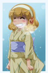 Rule 34 | &gt;:d, 10s, 1girl, :d, ^ ^, blonde hair, blue background, blush, breath, clenched hands, clenched teeth, closed eyes, cold, hair ornament, hairband, japanese clothes, kimono, kise yayoi, open mouth, precure, shishinon, short hair, smile, smile precure!, snow, snowing, solo, tears, teeth, v-shaped eyebrows, white hairband, yellow kimono, yukata