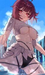 Rule 34 | 1girl, atelier (series), atelier sophie, bikini, black bikini, blue sky, breasts, closed mouth, cloud, day, highres, large breasts, looking at viewer, outdoors, partially submerged, red eyes, red hair, ryuuno6, shirt, short hair, sky, smile, solo, sophie neuenmuller, swimsuit, thighs, underboob, water, white shirt