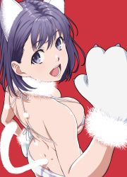 Rule 34 | 1girl, absurdres, animal ear fluff, animal ears, animal hands, ass, back, bare shoulders, bikini, blush, breasts, butt crack, cat ears, cat girl, cat tail, cleavage, commentary request, dimples of venus, from behind, fur collar, gloves, highres, jijo (kakitama), kakitama, large breasts, looking at viewer, looking back, matching hair/eyes, open mouth, original, paw gloves, pom pom (clothes), purple eyes, purple hair, red background, short hair, simple background, skindentation, smile, solo, strap gap, swimsuit, tail, white bikini