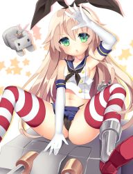 Rule 34 | 10s, 1girl, :o, black panties, blonde hair, blush, boots, elbow gloves, gloves, green eyes, grey footwear, hairband, kantai collection, long hair, looking at viewer, midriff, morinaga kobato, navel, panties, personification, rensouhou-chan, shimakaze (kancolle), sitting, solo, star (symbol), starry background, striped clothes, striped thighhighs, thighhighs, underwear