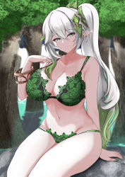 Rule 34 | 1girl, absurdres, alternate breast size, bare shoulders, bra, breasts, cleavage, floral print, genshin impact, green bra, green eyes, green panties, hair ornament, highres, large breasts, lingerie, looking at viewer, nahida (genshin impact), nail polish, aged up, panties, pointy ears, side ponytail, sitting, smile, solo, thighs, tian kazuki, underwear, white hair