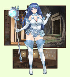 Rule 34 | 1girl, belt, blue eyes, blue hair, bookshelf, boots, breasts, bulletin board, chair, cleavage, elbow gloves, full body, gloves, hand up, highres, holding, holding staff, large breasts, leotard, nino (pixiv 64539552), original, potion, pouch, staff, standing, table, thigh boots, white footwear, white gloves, wizard