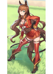 Rule 34 | 1girl, animal ears, blush, boots, breasts, brown footwear, brown hair, choker, cleavage, cuboon, full body, grass, green eyes, horse ears, horse girl, horse tail, large breasts, long hair, long sleeves, looking at viewer, maruzensky (umamusume), one eye closed, outdoors, pleated skirt, red skirt, red thighhighs, skirt, smile, solo, standing, tail, thighhighs, umamusume