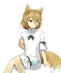 Rule 34 | 1girl, :|, animal ears, arm support, blonde hair, brown eyes, china dress, chinese clothes, closed mouth, dress, expressionless, eyebrows hidden by hair, flat chest, fox ears, fox tail, green ribbon, hair between eyes, hair over one eye, hand up, highres, invisible chair, jitome, kaigen 1025, knees together feet apart, kudamaki tsukasa, legs together, light brown hair, looking away, looking to the side, neck ribbon, ribbon, short hair, short sleeves, sidelocks, simple background, sitting, solo, tail, touhou, white background, white dress