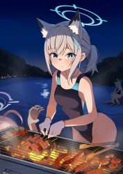 Rule 34 | 3girls, absurdres, ahoge, animal ear fluff, animal ears, bare shoulders, beach, blue archive, blue eyes, blue one-piece swimsuit, blush, breasts, collarbone, cooking, cross hair ornament, extra ears, food, goyain, grey hair, grill, grilling, hair ornament, halo, highleg, highleg swimsuit, highres, hoshino (blue archive), kebab, medium breasts, medium hair, multicolored clothes, multicolored swimsuit, multiple girls, night, night sky, one-piece swimsuit, shiroko (blue archive), shiroko (swimsuit) (blue archive), shiroko terror (blue archive), short ponytail, sidelocks, sky, solo focus, swimsuit, wolf ears