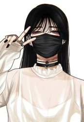 Rule 34 | 1girl, black choker, black hair, black nails, bruise, choker, commentary request, ear piercing, earrings, ears visible through hair, film grain, fingernails, green eyes, half-closed eyes, hand up, henna, highres, hoshi san 3, injury, jewelry, long hair, long sleeves, looking at viewer, mask, mole, mole under eye, mouth mask, nail polish, original, piercing, see-through, shirt, simple background, sleeves past wrists, solo, surgical mask, upper body, v, white background