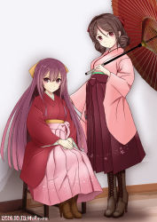 Rule 34 | 10s, 2girls, artist name, boots, bow, brown hair, chair, commentary request, cross-laced footwear, dated, drill hair, floral print, hair bow, hair ribbon, hakama, hakama skirt, hands on lap, harukaze (kancolle), japanese clothes, kamikaze (kancolle), kantai collection, kimono, lace-up boots, long hair, looking at viewer, meiji schoolgirl uniform, moke ro, multiple girls, oil-paper umbrella, pink hakama, pink kimono, pregnant, purple eyes, purple hair, red bow, red eyes, red hakama, ribbon, sitting, skirt, smile, standing, twin drills, umbrella, yellow ribbon