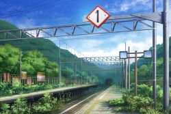 Rule 34 | bad id, bad pixiv id, bush, cloud, day, fence, hill, mirror, no humans, original, outdoors, overgrown, plant, power lines, railroad tracks, rural, scenery, shi yu, sign, sky, train station, tunnel, vines