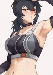 1girl absurdres armpits black_gloves black_hair breasts crop_top elbow_gloves gloves goggles goggles_on_head grace_howard hair_between_eyes highres large_breasts long_hair looking_at_viewer low_ponytail navel nisakusa open_mouth orange_eyes simple_background solo sweat upper_body zenless_zone_zero zipper_top