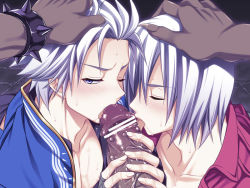 Rule 34 | 3boys, annoyed, blue eyes, blue shirt, blush, brothers, capcom, censored, coat, dante (devil may cry), dark skin, demon, devil may cry, devil may cry (series), devil may cry 3, closed eyes, fellatio, hand on head, incest, karukanko, licking, male focus, multiple boys, oral, penis, pointless censoring, pov, rape, red shirt, shirt, siblings, tongue, trench coat, vergil (devil may cry), white hair, yaoi