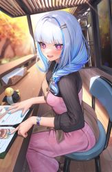 Rule 34 | + +, 1girl, black sweater, blue hair, blue nails, blunt bangs, blurry, blurry background, blush, breasts, brown dress, commentary request, day, depth of field, dress, hair ornament, hair over shoulder, hairclip, highres, lize helesta, long hair, long sleeves, looking at viewer, medium breasts, menu, multicolored hair, nail polish, nijisanji, on chair, open mouth, pink dress, purple eyes, sebastian piyodore, silver hair, sitting, smile, solo, sunlight, suraimu (suraimuraimu), sweater, table, two-tone hair, virtual youtuber, watch, wooden floor, wooden table, wristwatch