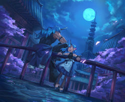Rule 34 | 1boy, 1girl, :d, architecture, bad id, bad pixiv id, black pants, blue eyes, blue nails, blue skirt, blue sky, blue theme, bracelet, cloud, earrings, east asian architecture, fang, fingernails, full moon, highres, horns, jewelry, moon, nail polish, night, night sky, on railing, open mouth, original, outdoors, pants, pointy ears, railing, scenery, shichigatsu, skirt, sky, smile