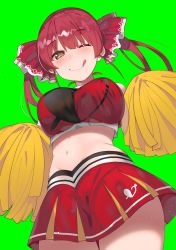 Rule 34 | 1girl, ;q, absurdres, alternate costume, bare shoulders, breasts, cheerleader, cowboy shot, crop top, green background, highres, holding, holding pom poms, hololive, houshou marine, large breasts, long hair, looking at viewer, midriff, miniskirt, navel, one eye closed, pleated skirt, pom pom (cheerleading), red hair, red shirt, red skirt, shirt, simple background, skirt, sleeveless, sleeveless shirt, smile, solo, stomach, tonarikeru, tongue, tongue out, twintails, virtual youtuber, yellow eyes